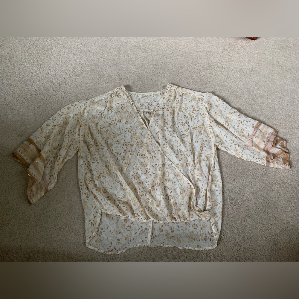 Love Stitch, v-neck, gold and cream elegant blouse, small
